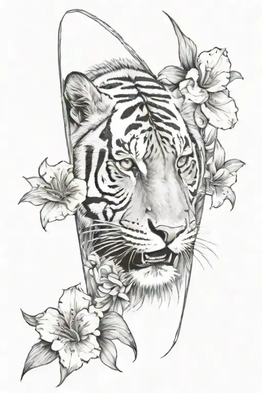 A sleeve tattoo for the left arm with a saber tooth tiger in the centre surrounded by a lilli flowers  tattoo design idea