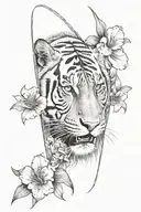 A sleeve tattoo for the left arm with a saber tooth tiger in the centre surrounded by a lilli flowers  tattoo design idea