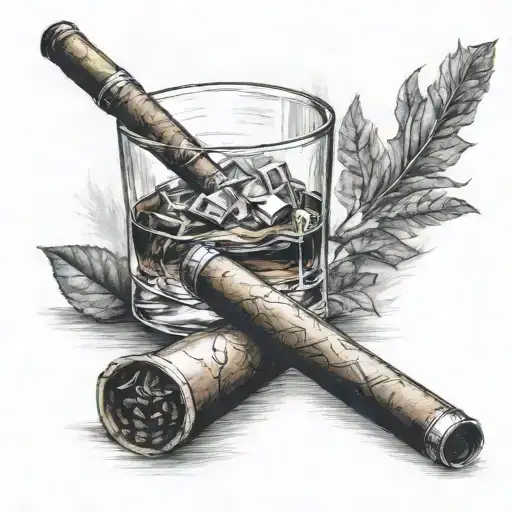 lit cigar and glass of bourbon tattoo design idea