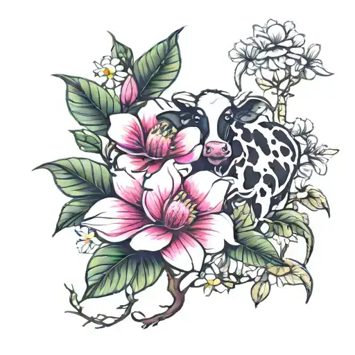 magnolia tree with Daisy underneath and a cow nearby tattoo design idea