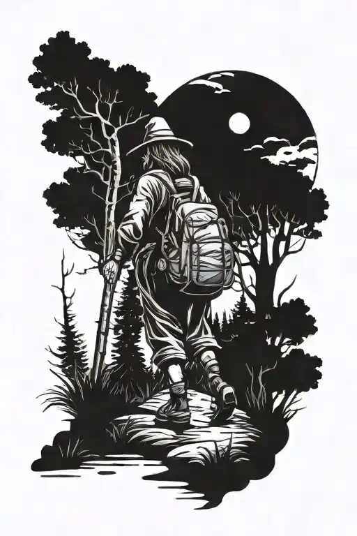 a witch with a backpack and cane walking along a dark path that leads to a pine mountain tattoo design idea