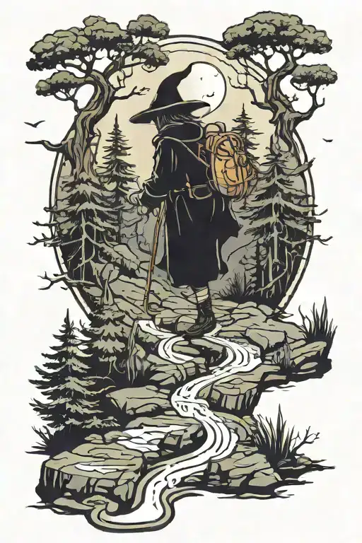 a witch with a backpack and cane walking along a dark path that leads to a pine mountain tattoo design idea