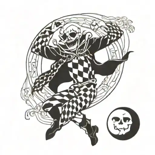 a macabre harlequin laughing dancing under the moon tattoo design idea