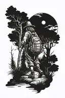 a witch with a backpack and cane walking along a dark path that leads to a pine mountain tattoo design idea