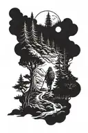 a witch with a backpack and cane walking along a dark path that leads to a pine mountain tattoo design idea
