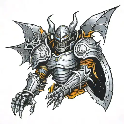 Metal armor shattering and the monster emerging from it tattoo design idea