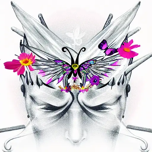 butterfly with flower, wings on a heart, crown and sword tattoo design idea