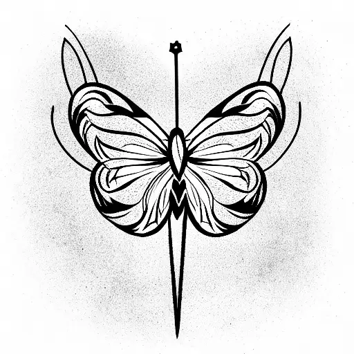 butterfly with flower, heart, crown and sword tattoo design idea