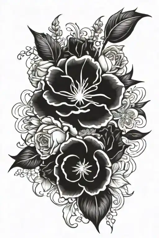 rose, gladiolus, aster, and marigold flower sleeve tattoo design idea