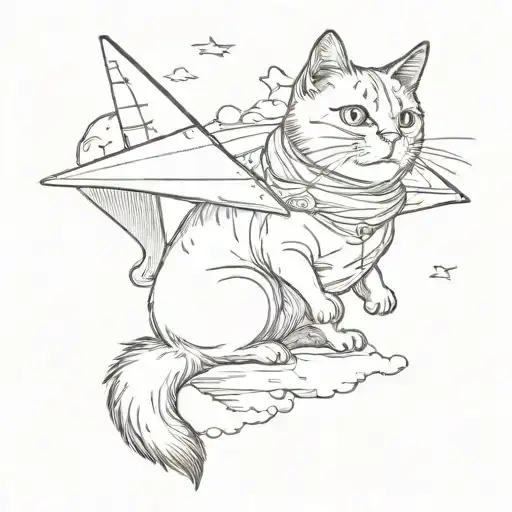 A sketch of a cat sitting on a cloud holding a paper airplane, combining the client's love for cats and aviation tattoo design idea