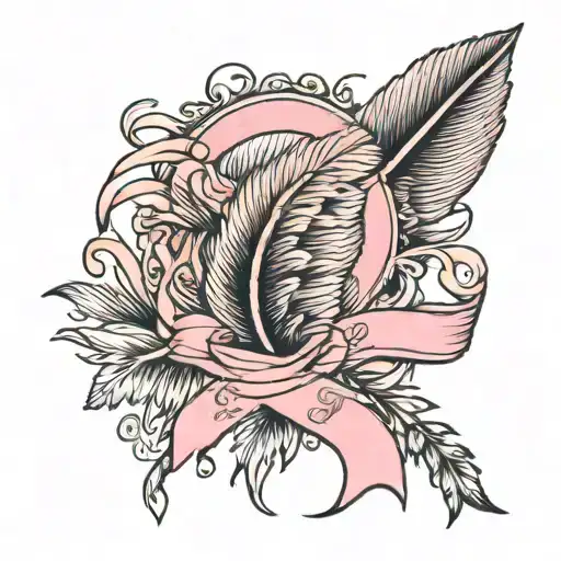 A delicate pheasant feather with a pink ribbon, honoring breast cancer survivors tattoo design idea