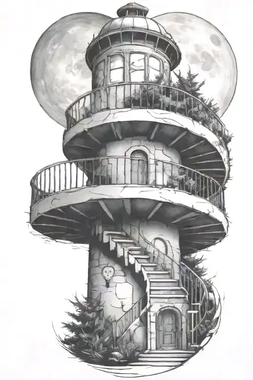 spiral staircase leading into a doorway portal which has a moon inside. Nearby is lighthouse and evergreen tree  tattoo design idea