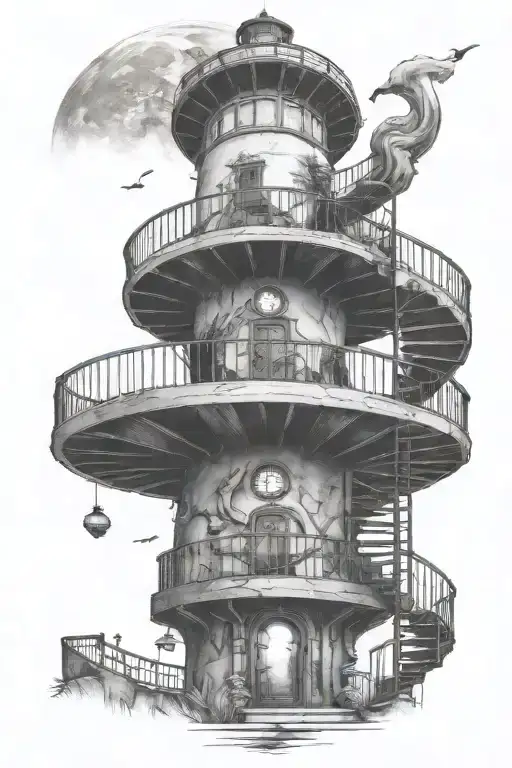 spiral staircase leading into a doorway portal which has a moon inside. Nearby is lighthouse and evergreen tree  tattoo design idea