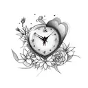 heart shaped clock with flowers breaking through tattoo design idea