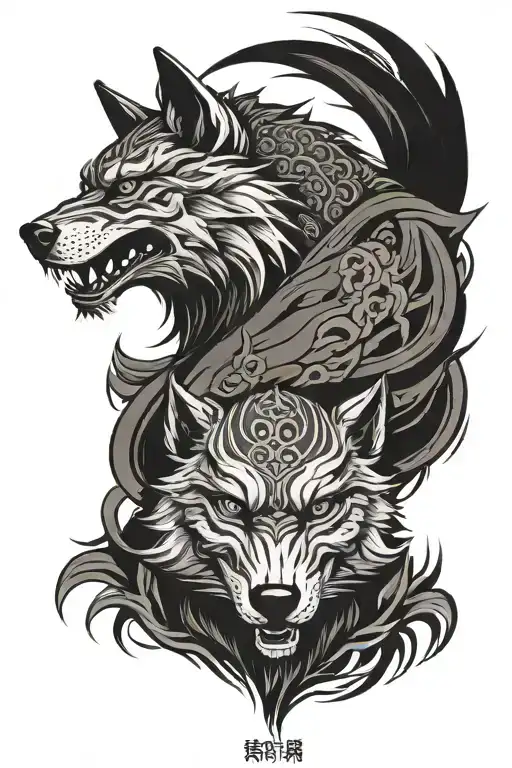 Half face of ninja and half face wolf tattoo design idea