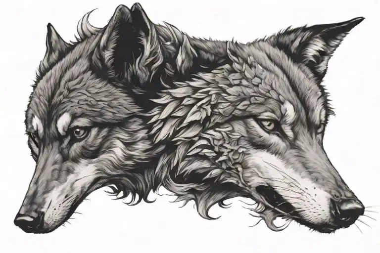 Half face of ninja and half face wolf tattoo design idea