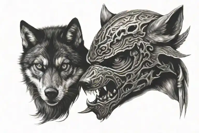 Half face of ninja with half face wolf tattoo design idea