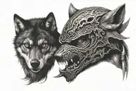 Half face of ninja with half face wolf tattoo design idea