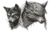 Half face of ninja with half face wolf tattoo design idea