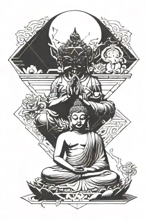 a seated buddha with the head of ganesh beneath him and a geometric shape on top of him tattoo design idea