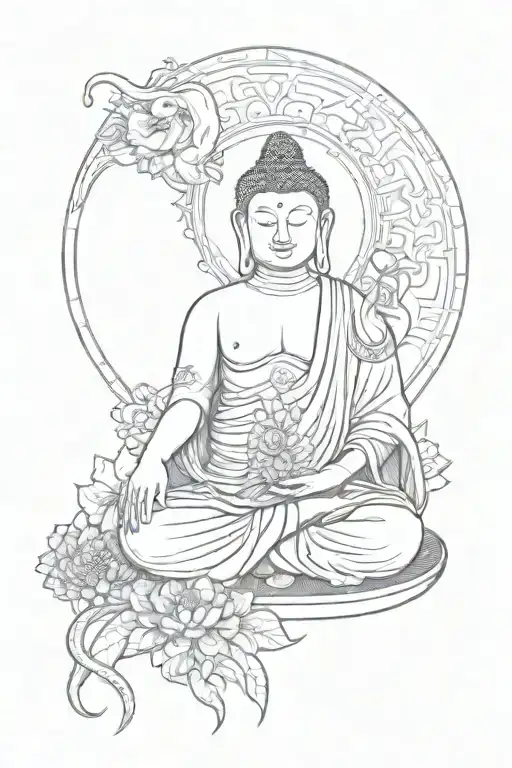 a sitting buddha with a mandala above him and below the buddha the head of an elephant with details inside tattoo design idea