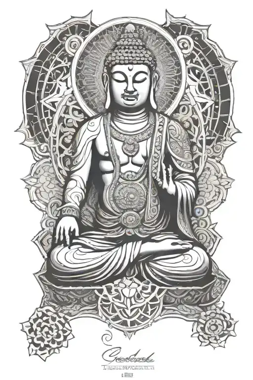 a seated buddha with an elephant head underneath the buddha design and a perfect geometric mandala on top of the buddha tattoo design idea