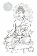 a sitting buddha with a mandala above him and below the buddha the head of an elephant with details inside tattoo design idea