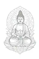 a buddha with a geometric mandala above him, sitting on top of an elephant's head at a frontal angle tattoo design idea