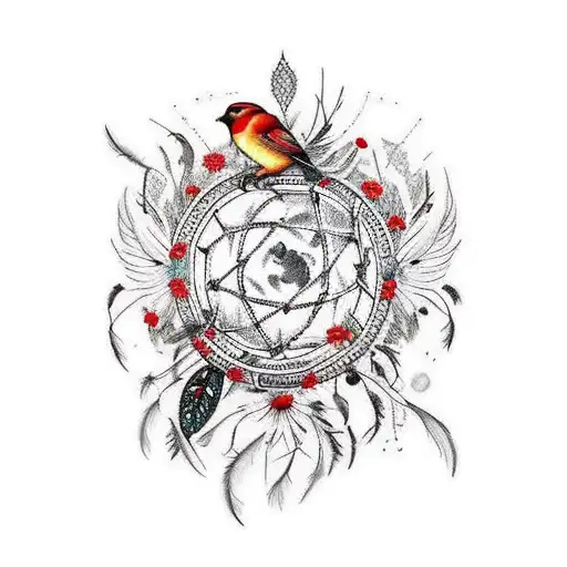Create a realistic trash polka sleeve tattoo featuring a vibrant red, white, and black dream catcher surrounded by intricate flowers, birds, and feathers. tattoo design idea