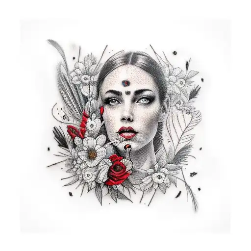 A realistic red, white, and black trash polka tattoo depicting a mesmerizing woman with half of her face adorned with beautiful flowers, while birds and feathers gracefully surround her on an arm sleeve. tattoo design idea