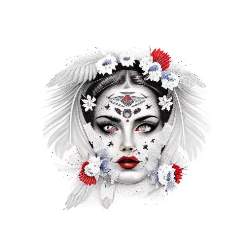 A realistic red, white, and black trash polka tattoo depicting a mesmerizing woman with half of her face adorned with beautiful flowers, while birds and feathers gracefully surround her on an arm sleeve. tattoo design idea