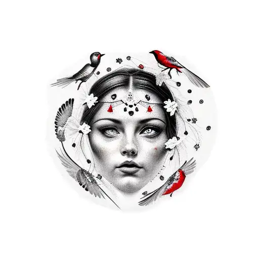 A realistic red, white, and black trash polka tattoo with a delicate dream catcher intricate flowers and birds on an arm tattoo design idea