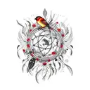Create a realistic trash polka sleeve tattoo featuring a vibrant red, white, and black dream catcher surrounded by intricate flowers, birds, and feathers. tattoo design idea