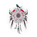 Create a realistic trash polka sleeve tattoo featuring a vibrant red, white, and black dream catcher surrounded by intricate flowers, birds, and feathers. tattoo design idea
