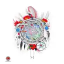 Create a realistic trash polka sleeve tattoo featuring a vibrant red, white, and black dream catcher surrounded by intricate flowers, birds, and feathers. tattoo design idea