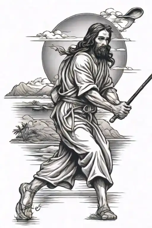 A tattoo design of Jesus playing golf on the beautiful beaches of Maui, combining spirituality and passion for the sport tattoo design idea