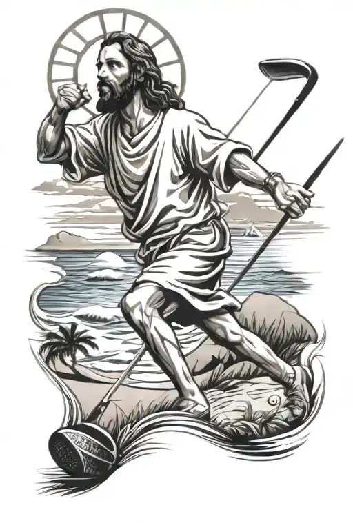 A tattoo design of Jesus playing golf on the beautiful beaches of Maui, combining spirituality and passion for the sport tattoo design idea