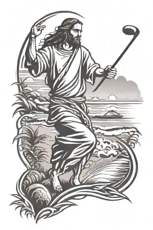 A tattoo design of Jesus playing golf on the beautiful beaches of Maui, combining spirituality and passion for the sport tattoo design idea