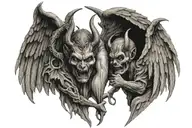A philosophical quote in Latin with a symbolic representation of a devil and an angel, illustrating the eternal struggle between good and evil tattoo design idea