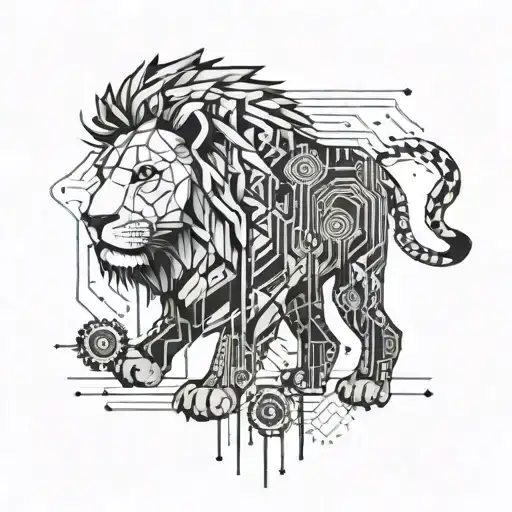 A geometric lion tattoo with pixelated details and a circuit board pattern, representing the client's dual interests in gaming and electrical engineering tattoo design idea