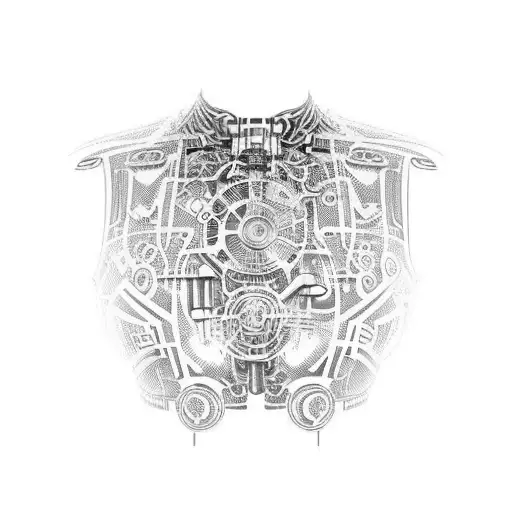 bio mechanical cyberpunk chestplate tattoo design idea