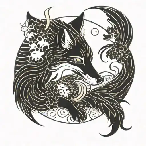 a circle of nine fox tails with a fox in the center tattoo design idea