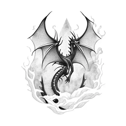 Black dragon emerging from underwater cave tattoo design idea