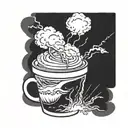 A coffee cup morphing into a storm cloud with lightning bolts, symbolizing the client's passion for coffee and meteorology tattoo design idea