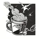 A coffee cup morphing into a storm cloud with lightning bolts, symbolizing the client's passion for coffee and meteorology tattoo design idea
