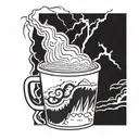 A coffee cup morphing into a storm cloud with lightning bolts, symbolizing the client's passion for coffee and meteorology tattoo design idea