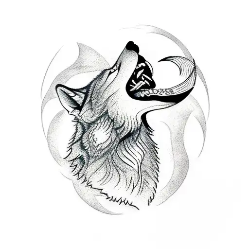 A dotwork tattoo of a wolf howling at a dagger with a psychology symbol incorporated tattoo design idea