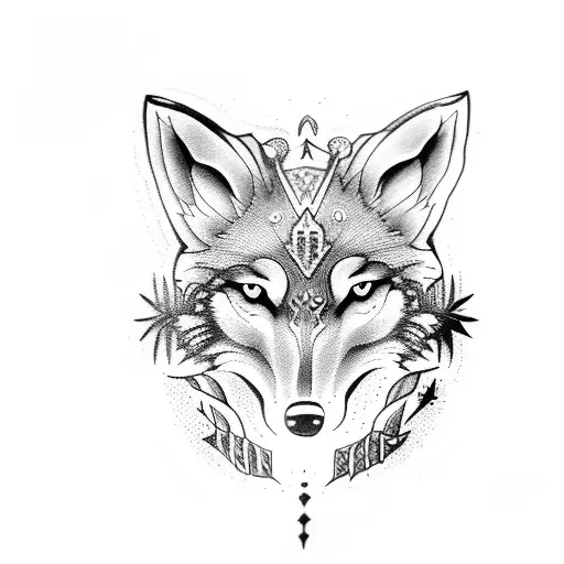 A dotwork tattoo of a wolf howling at a dagger with a psychology symbol incorporated tattoo design idea