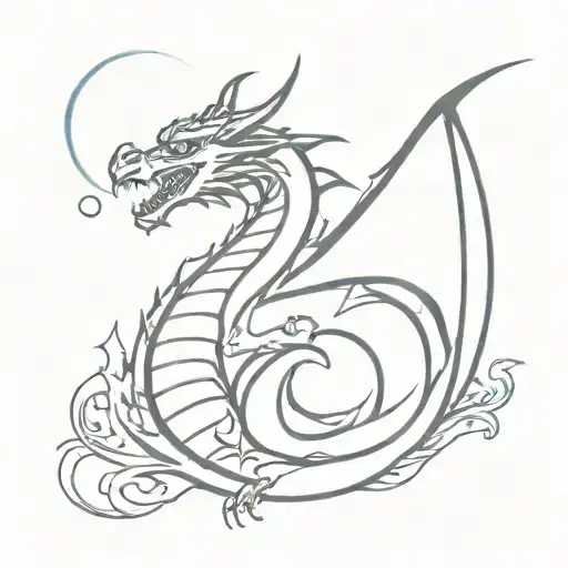 dragon with moon spitting blue fire tattoo design idea
