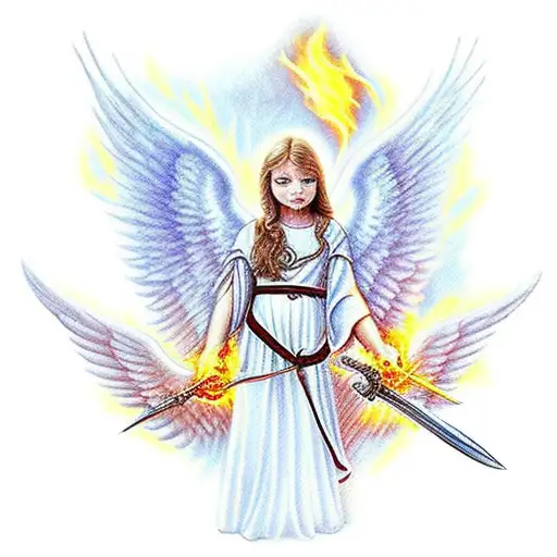 angel with wings,weapon,light from heaven vs Devil with wings,weapon, and fire  tattoo design idea